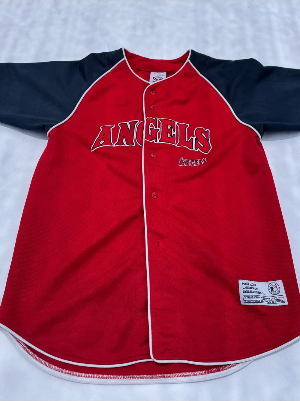 True Fan Los Angeles Angels Boys Baseball Jersey Large Red Navy MLB